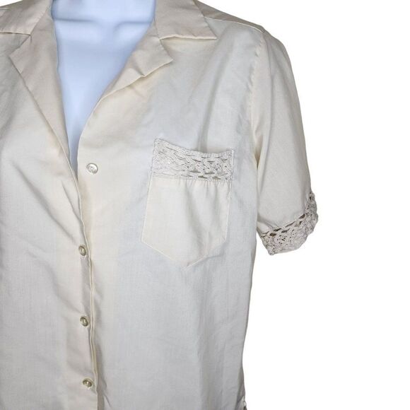 Vintage 80s Button Up Blouse Short Sleeve Shirt Womens Size L Ivory Cream - Picture 2 of 3
